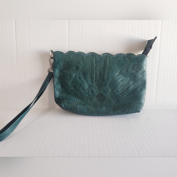 Vintage Gabriel S Hand Wristlet Dark Green Tool Stamped Leather Flower Desgin - Picture 3 of 7